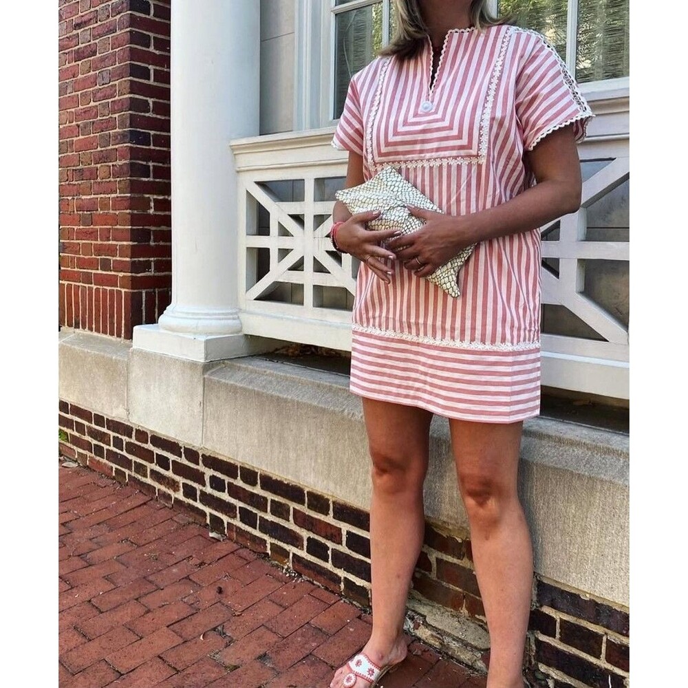 Striped Pink Mini Dress with Lace Trim